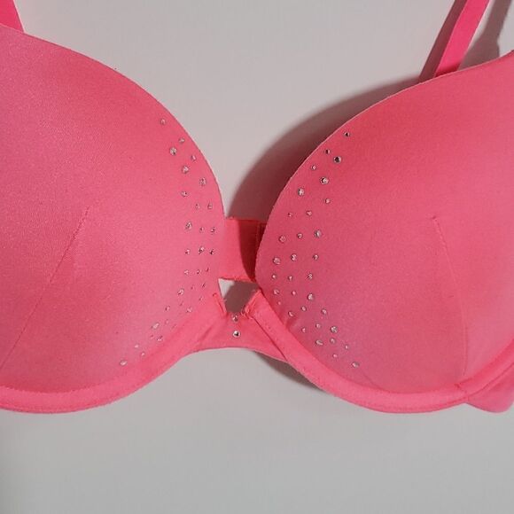 Betsey Johnson Neon Pink Rhinestone Push Up Bra Size 32D - Picture 2 of 11